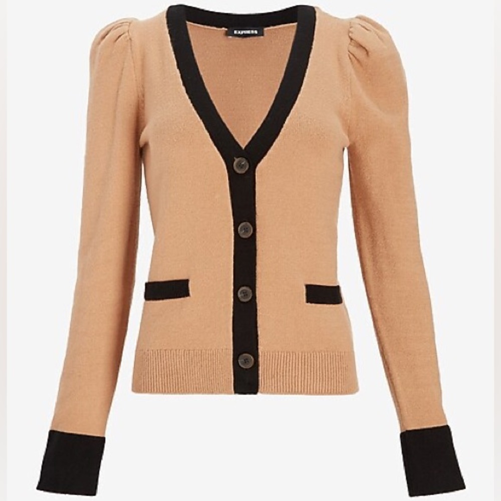 EXPRESS Contrast Trim Button Up Tan Cardigan with Black Trim XS